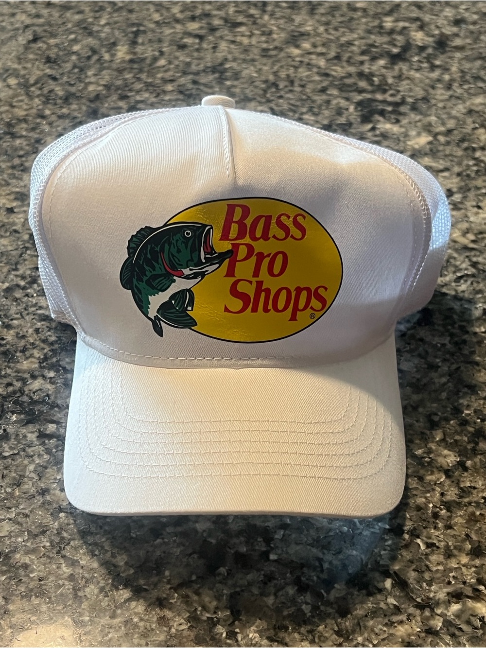 Bass Pro Shops White Trucker Hat with Yellow Logo and Green Fish